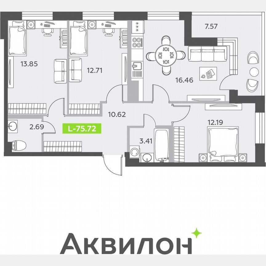 3-к. квартира, 75,7 м², 2/12 эт.