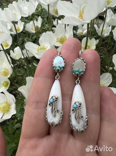 Серьги серебро, бирюза, перламутр, винтаж