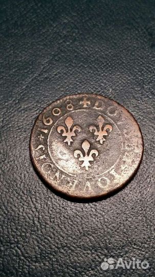 Медная монета Франция 2 денье 1608 Генрих 4