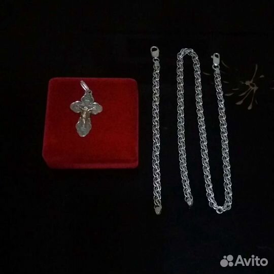 Серебряная цепь+браслет+крест+подарочная коробочка