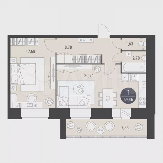 1-к. квартира, 59,4 м², 9/10 эт.