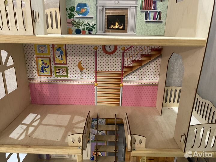 Большой Деревянный кукольный домик с мебелью