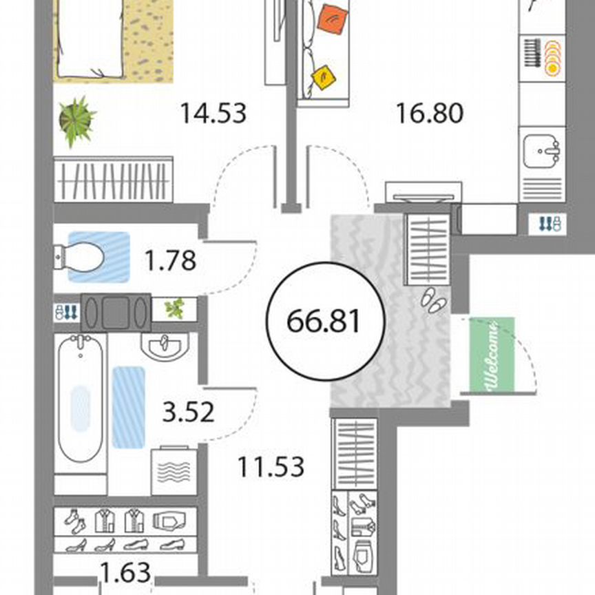 2-к. квартира, 66,8 м², 3/12 эт.