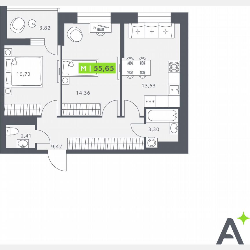 2-к. квартира, 55,7 м², 10/12 эт.