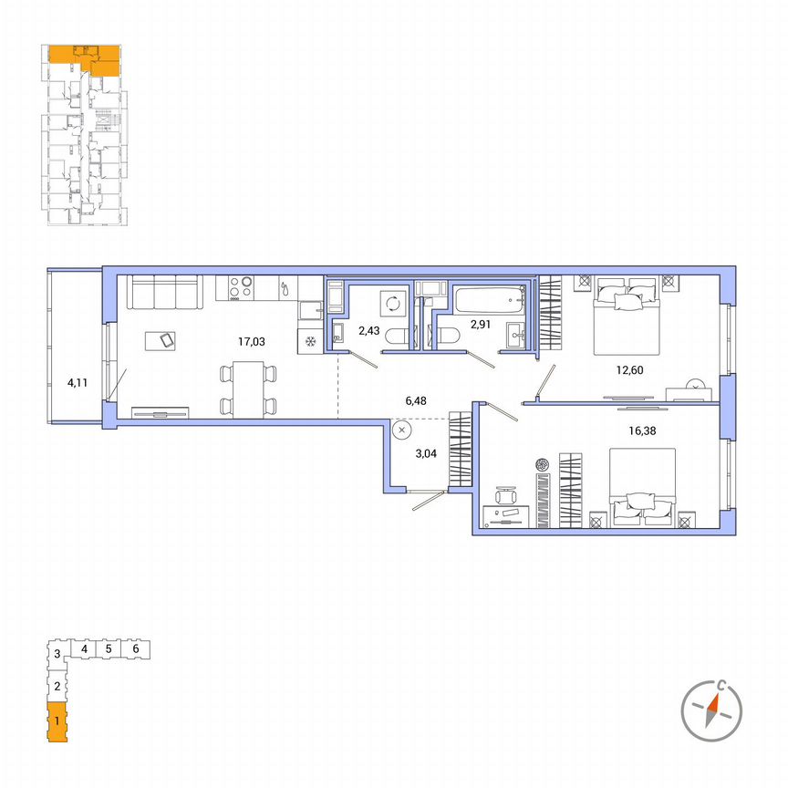 2-к. квартира, 62,1 м², 7/7 эт.