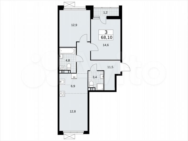 3-к. квартира, 68,1 м², 5/14 эт.