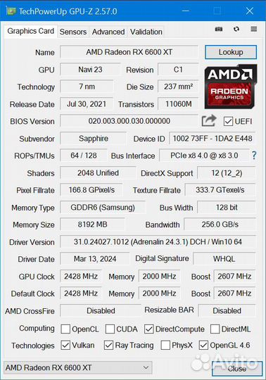 Видеокарты Sapphire 6600XT Nitro+, Pulse