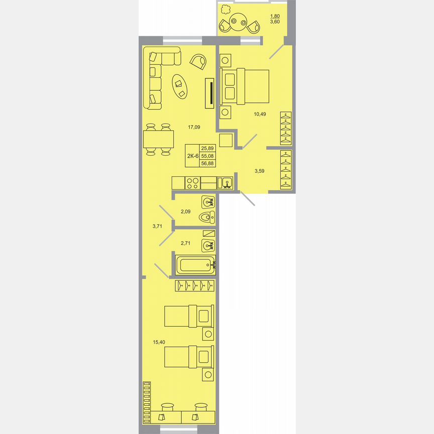 2-к. квартира, 56,9 м², 9/17 эт.