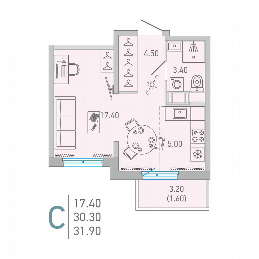 Квартира-студия, 31,9 м², 7/17 эт.