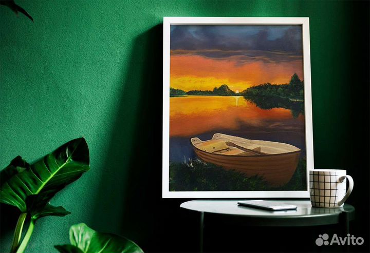 Картина в интерьер Закат Озеро Пейзаж.Масло 30х40