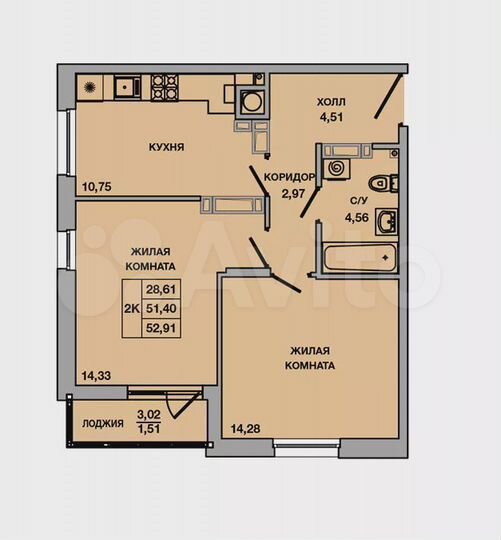 2-к. квартира, 52,9 м², 10/10 эт.
