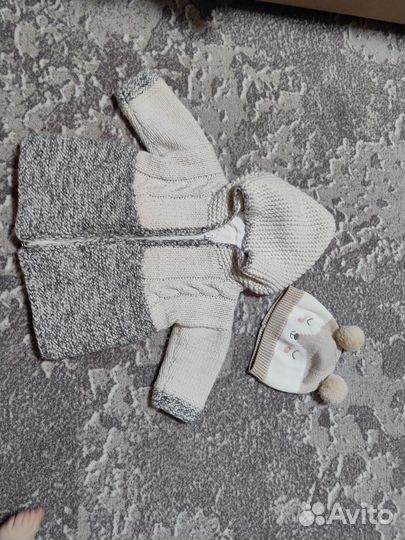 Вязанная кофта с подкладом хб ручная вязка+шапочка