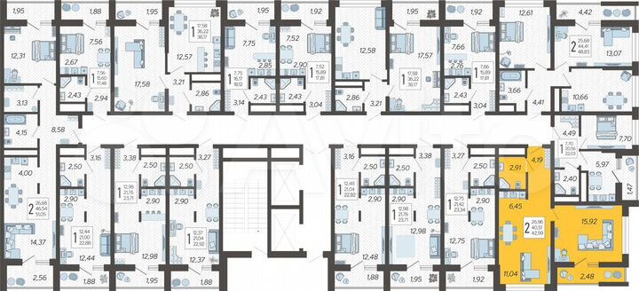 2-к. квартира, 43 м², 3/19 эт.