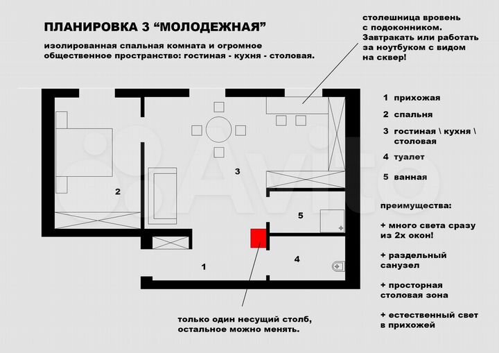 2-к. квартира, 55,1 м², 3/5 эт.