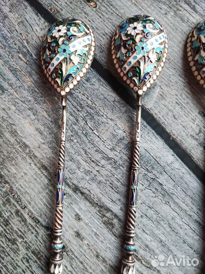 Серебряные ложки Петр Милюков эмаль 84 проба