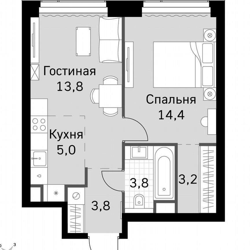 1-к. квартира, 44 м², 38/60 эт.