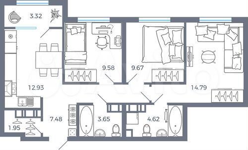 3-к. квартира, 68 м², 5/17 эт.