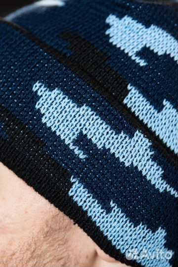 Шапка вязаная с отворотом, синяя кукла