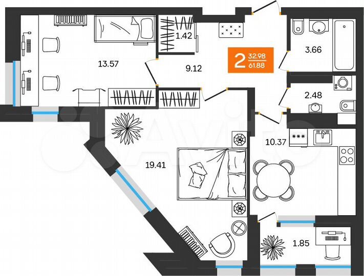 2-к. квартира, 61,9 м², 24/25 эт.