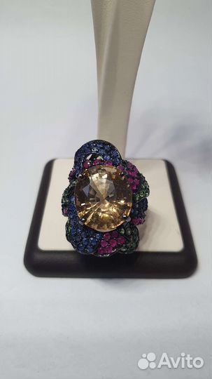 Серебряное кольцо с цитрином, рубинами и сапфирами