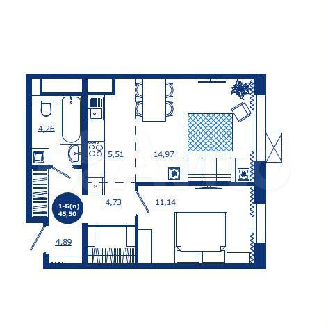 1-к. квартира, 45,5 м², 6/17 эт.