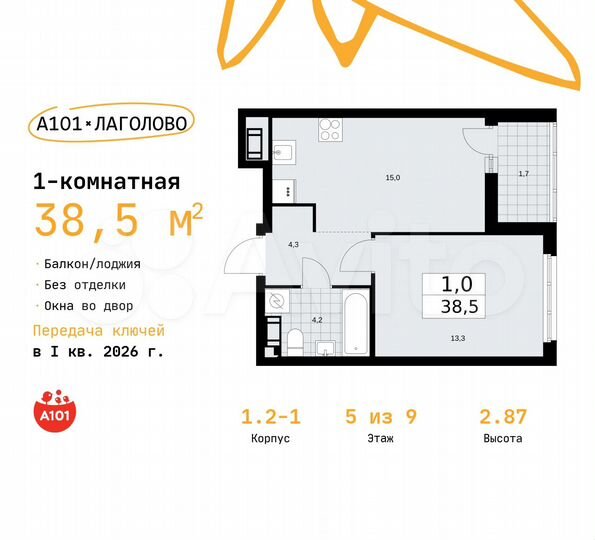 1-к. квартира, 38,5 м², 5/9 эт.