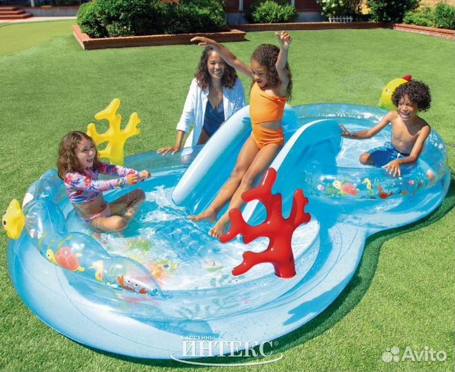 Надувной бассейн с горкой Intex, новый