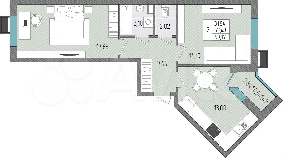 2-к. квартира, 59,2 м², 1/8 эт.