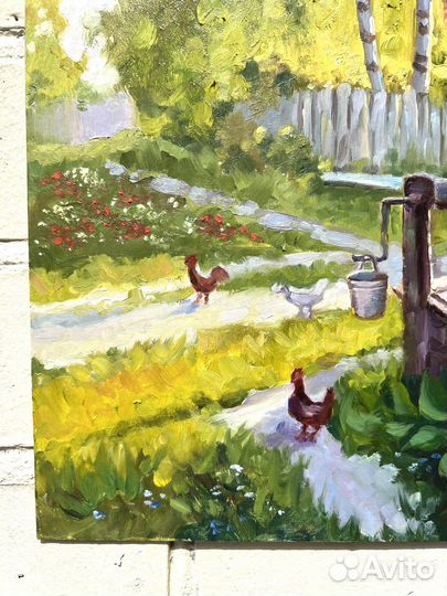 Картина маслом Деревня 30х30 см, картон