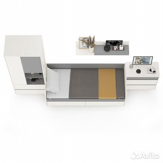Мебель молодёжная с кроватью с ящиками Торонто № 19, цвет белый шагрень/стальной серый, шхгхв 354х84