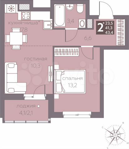 2-к. квартира, 43,4 м², 5/16 эт.