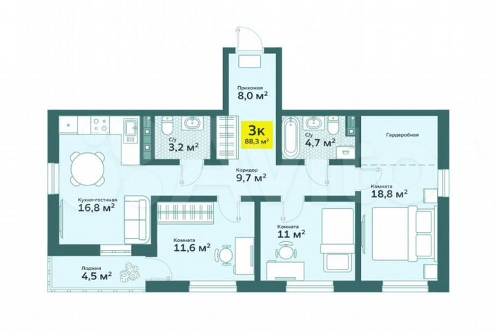 3-к. квартира, 88,3 м², 3/4 эт.