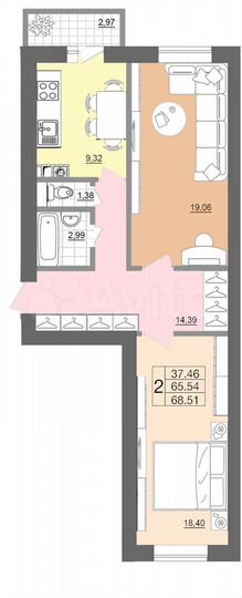 2-к. квартира, 68,6 м², 4/7 эт.