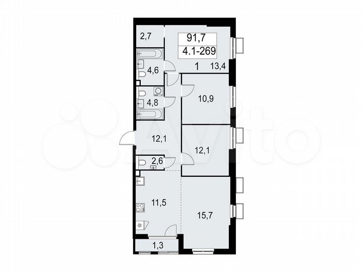 4-к. квартира, 91,7 м², 2/30 эт.