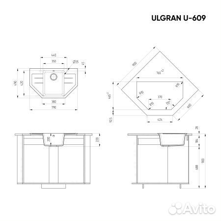 Мойка для кухни Ulgran U-609 49x79x20