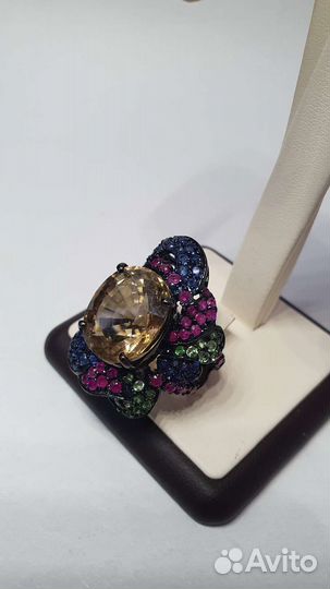 Серебряное кольцо с цитрином, рубинами и сапфирами