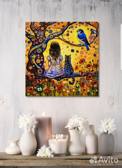 Девочка и котик картина маслом холст 30*30см