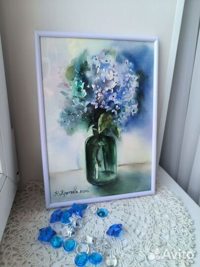 Картина цветы гортензия акварелью