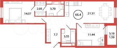 2-к. квартира, 66,4 м², 7/12 эт.