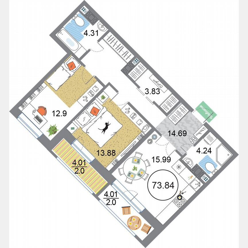 2-к. квартира, 73,8 м², 12/12 эт.