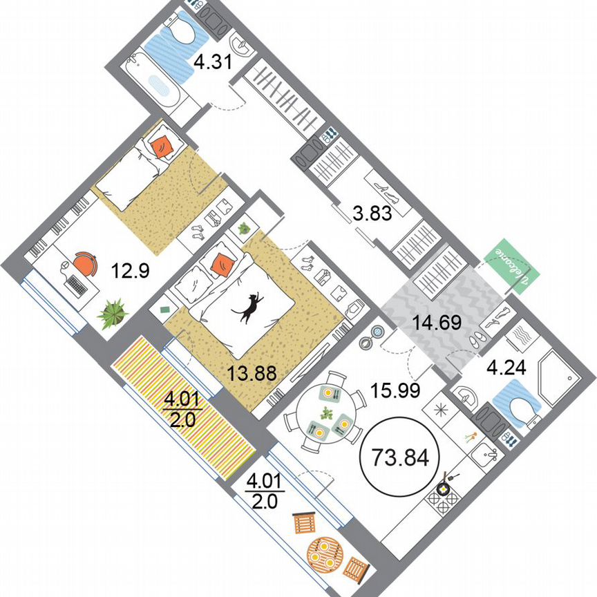 2-к. квартира, 73,8 м², 12/12 эт.