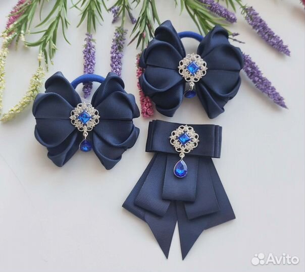 Галстук брошь и банты к школьной форме Синий цвет