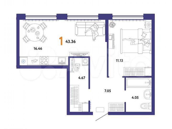 1-к. квартира, 43,4 м², 5/13 эт.