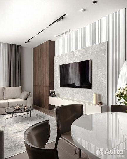 Прямая кухня в бежевом глянце и матовом дереве