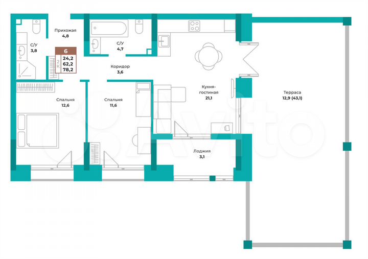 2-к. квартира, 78,2 м², 2/14 эт.