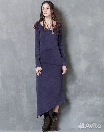 Серое и синее хлопковое платье, бохо, артка