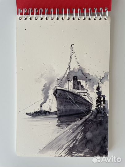 Картина Титаник Олимпик акварель чернила
