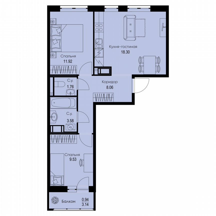 2-к. квартира, 54,1 м², 5/9 эт.