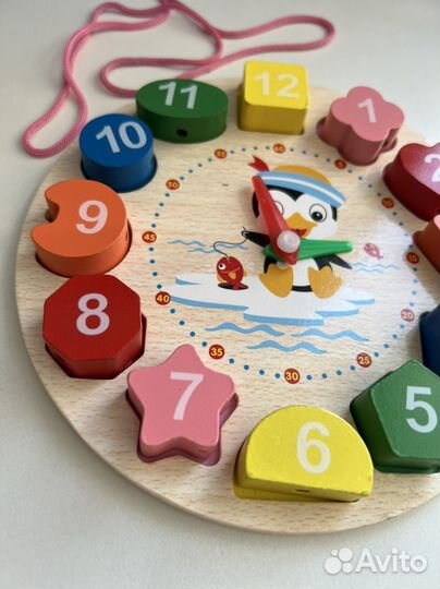 Сортер деревянный 4в1, Часики - шнуровка