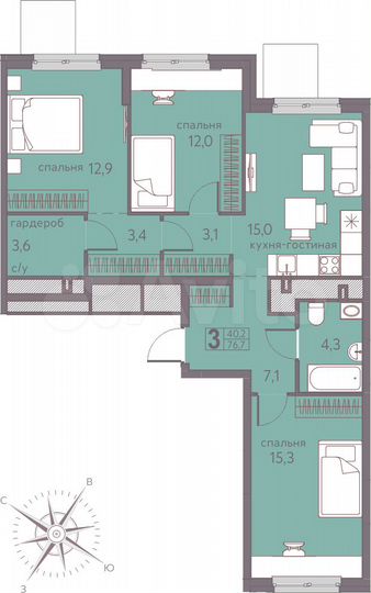 3-к. квартира, 76,7 м², 2/22 эт.